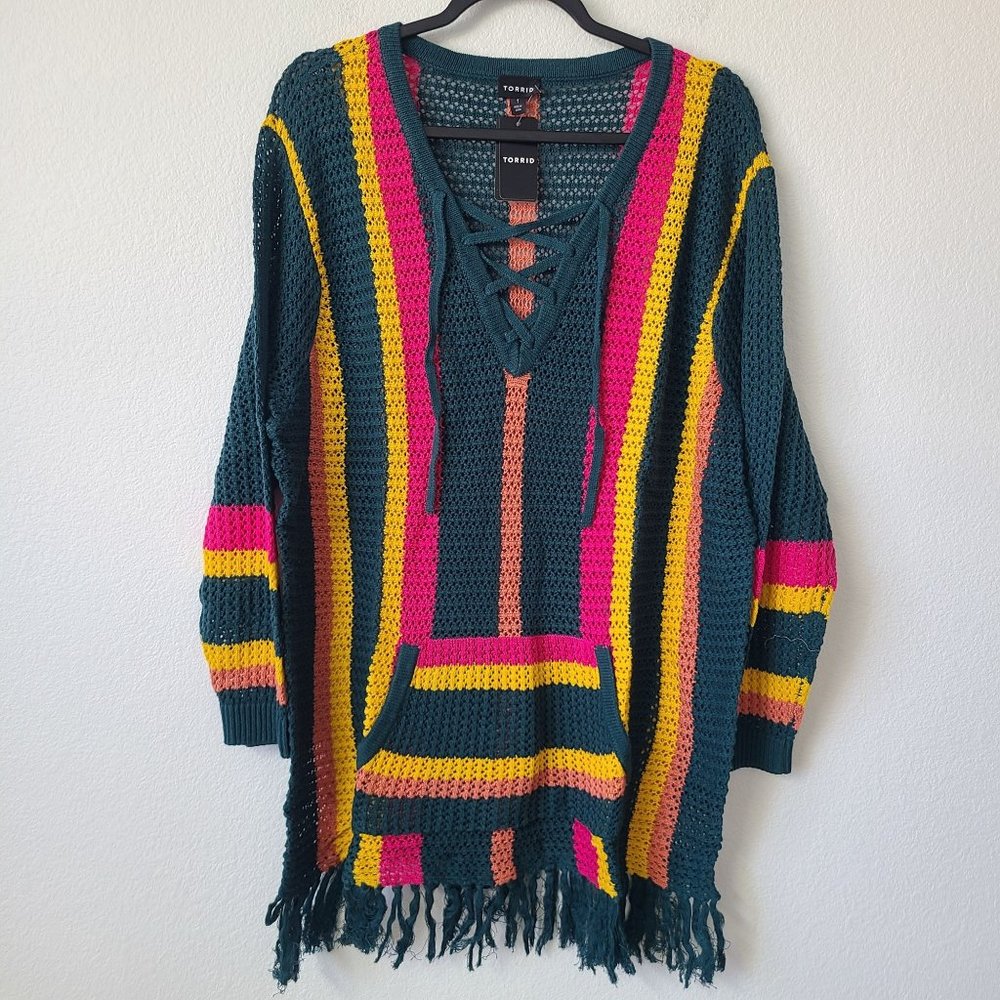 Torrid Striped Fringe Lace Up Pullover Longline Sweater Plus Size 1X Multicolor